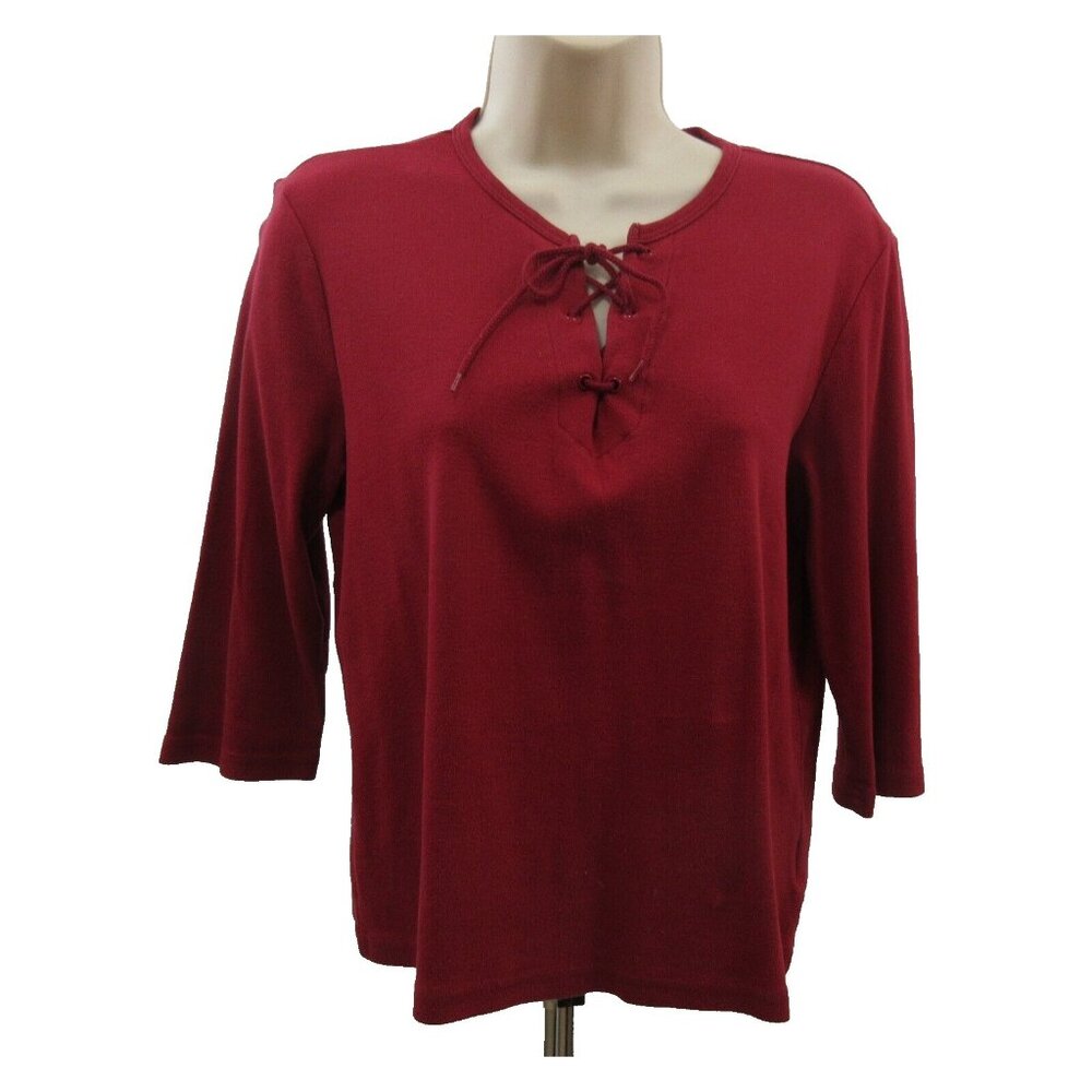 St John's Bay Top Petite Large Laced V-Neck Front Pullover Burgundy 3/4 Sleeve